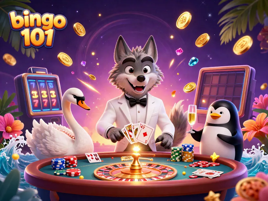 Engage in thrilling games with bingo 101 featuring a debonair wolf, elegant swan, and sophisticated penguin