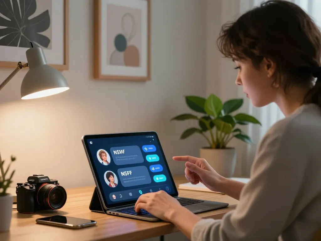 Engaging in sex chat AI conversation on a tablet in a modern home office setting, showcasing emotional interaction with AI companion.