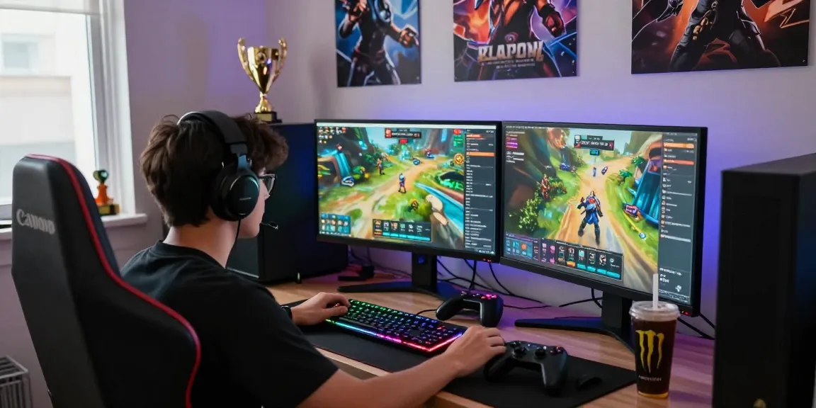 Gamer engaging with coloksgp link alternatif on dual monitors, energy drink nearby, vibrant game atmosphere.