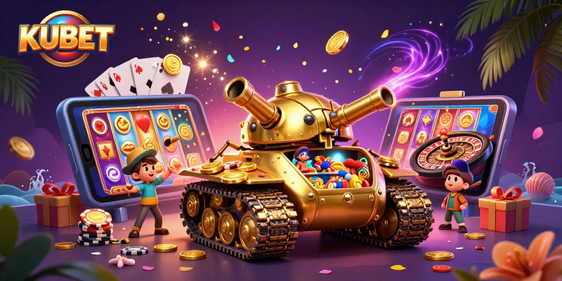 Experience thrilling games with KUBET at a mini casino inside a golden beetle tank, surrounded by vibrant symbols.