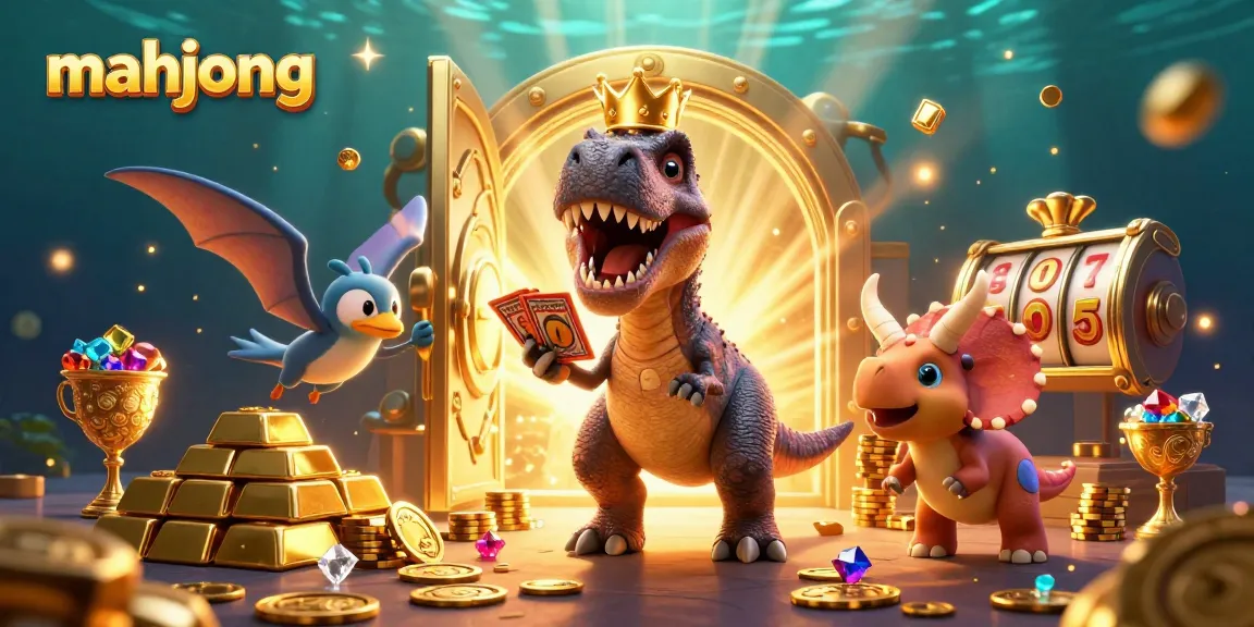 Engage in mahjong-themed slots with a vibrant scene featuring dinosaur characters and gold treasures.