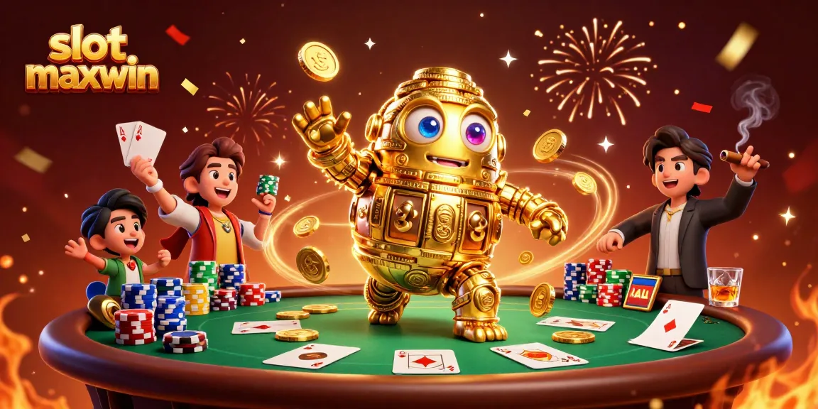 Menyambut kemeriahan dengan slot maxwin, golem emas berkilau dikelilingi simbol permainan slot dan tumpukan chip poker berwarna.