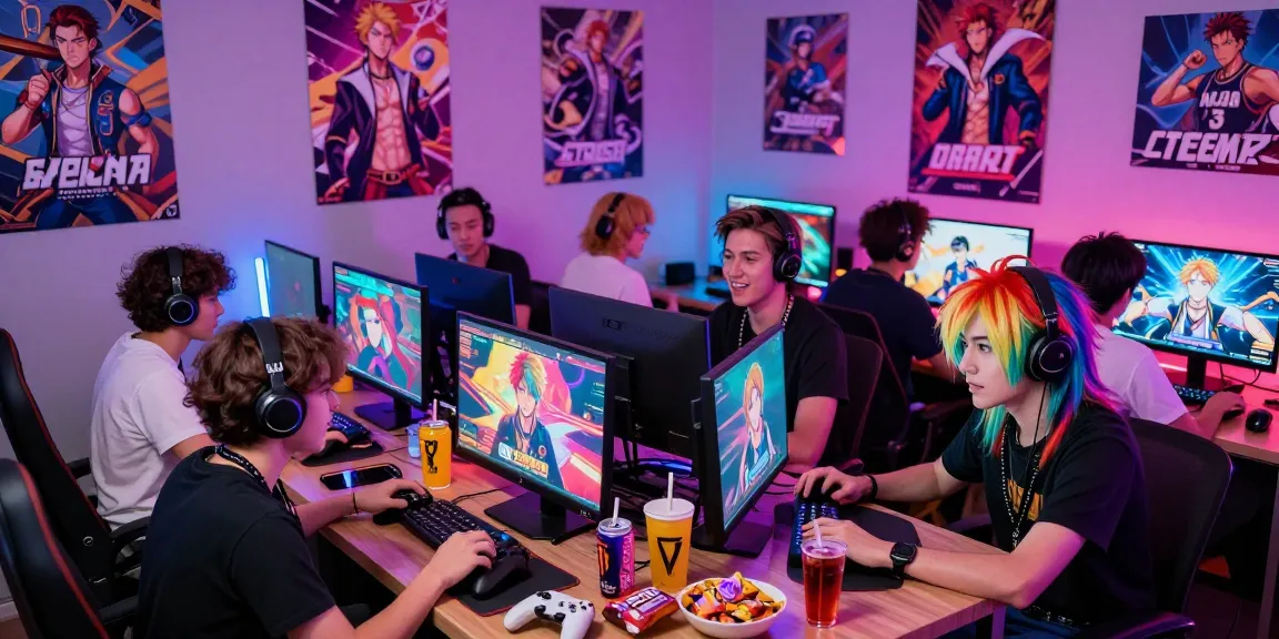 Group of friends playing gay ecchi game in a vibrant gaming setup, surrounded by posters and snacks, lively atmosphere.