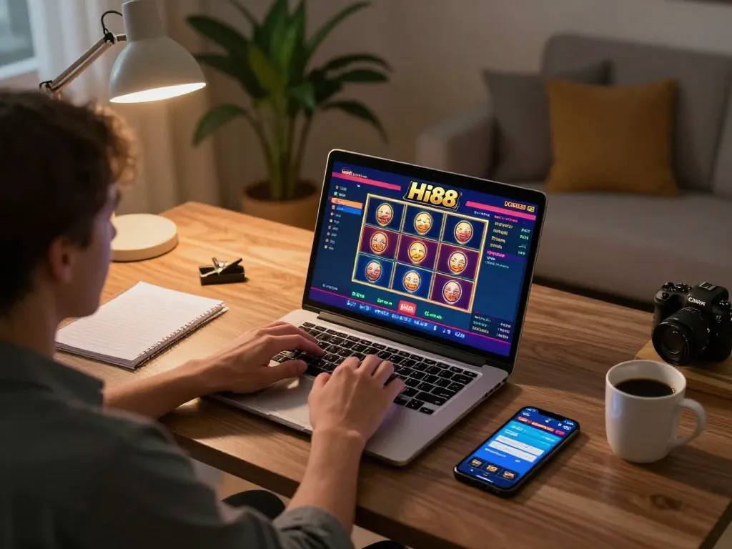 Engaging in online casino betting with Hi88 through laptop at a stylish desk.