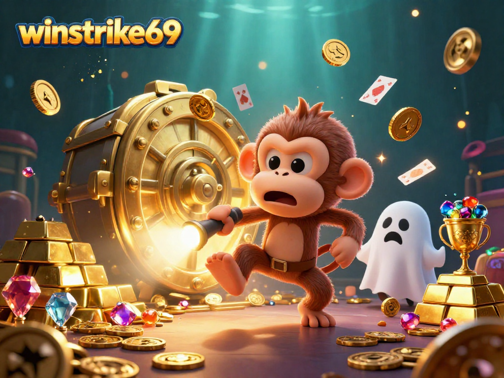 Experience magical moments at winstrike69 with a playful poltergeist monkey and a ghost-hunter puppy in a vibrant casino.