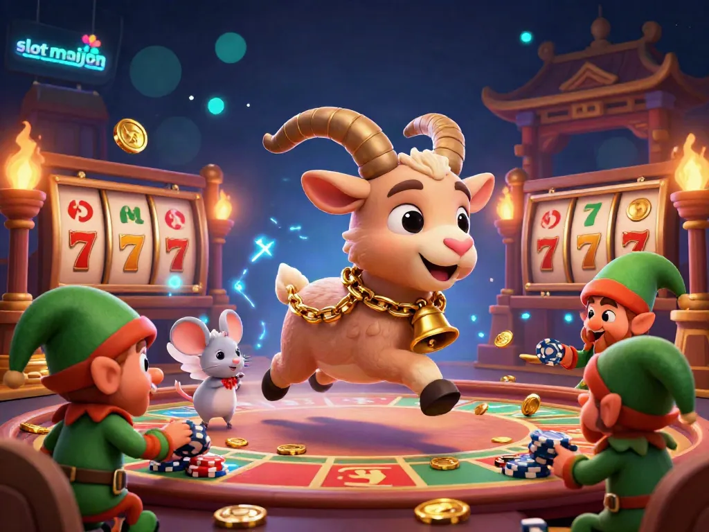 Experience thrilling slot mahjong action with a festive, chaotic casino scene featuring cartoon characters and dynamic game elements.