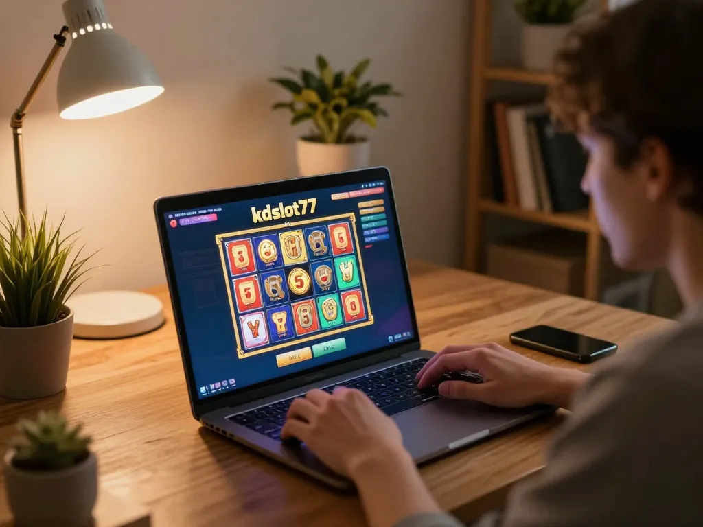 Engaging in kdslot77 online gaming with a laptop showcasing vibrant slot wins in a cozy home setting