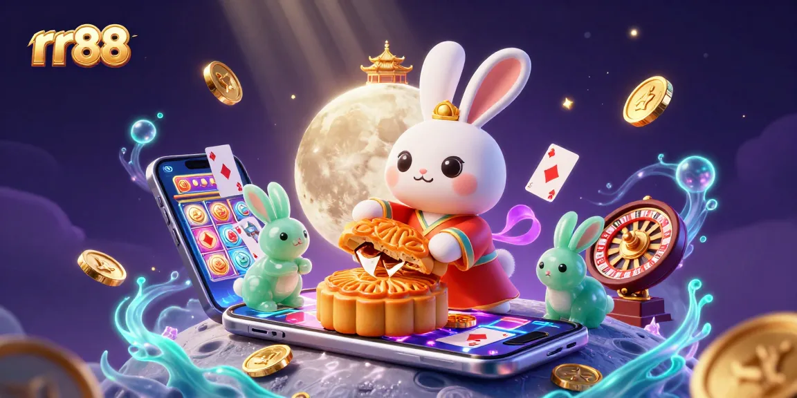 Experience rr88's exciting gaming world as a moon rabbit unveils poker treasures on the lunar surface.