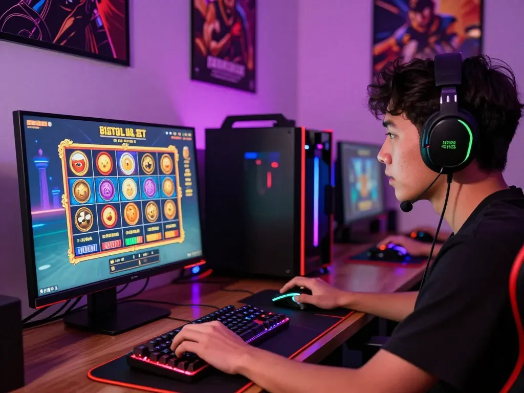 Pemain yang terlibat bermain permainan situs slot di set komputer yang berwarna-warni.