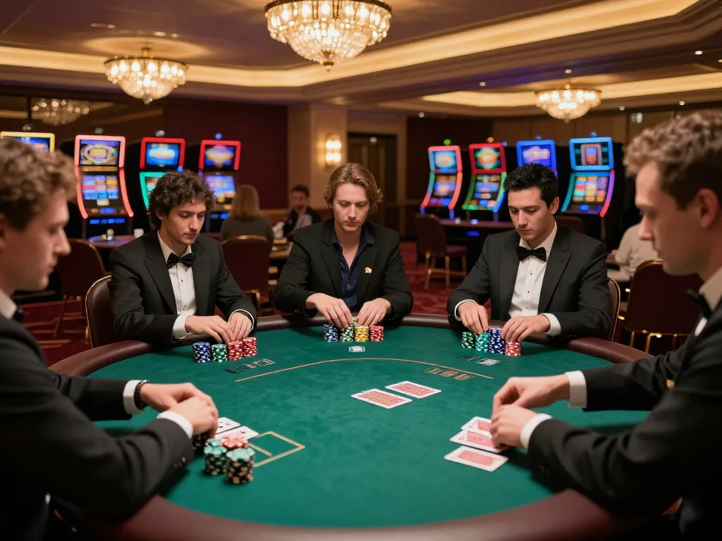 Players at sun win poker table place bets during an exciting game night in a luxurious casino.