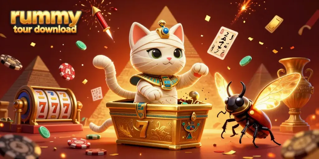 Mengunduh rummy tour dengan karakter kucing mumi dan elemen kasino disekelilingnya