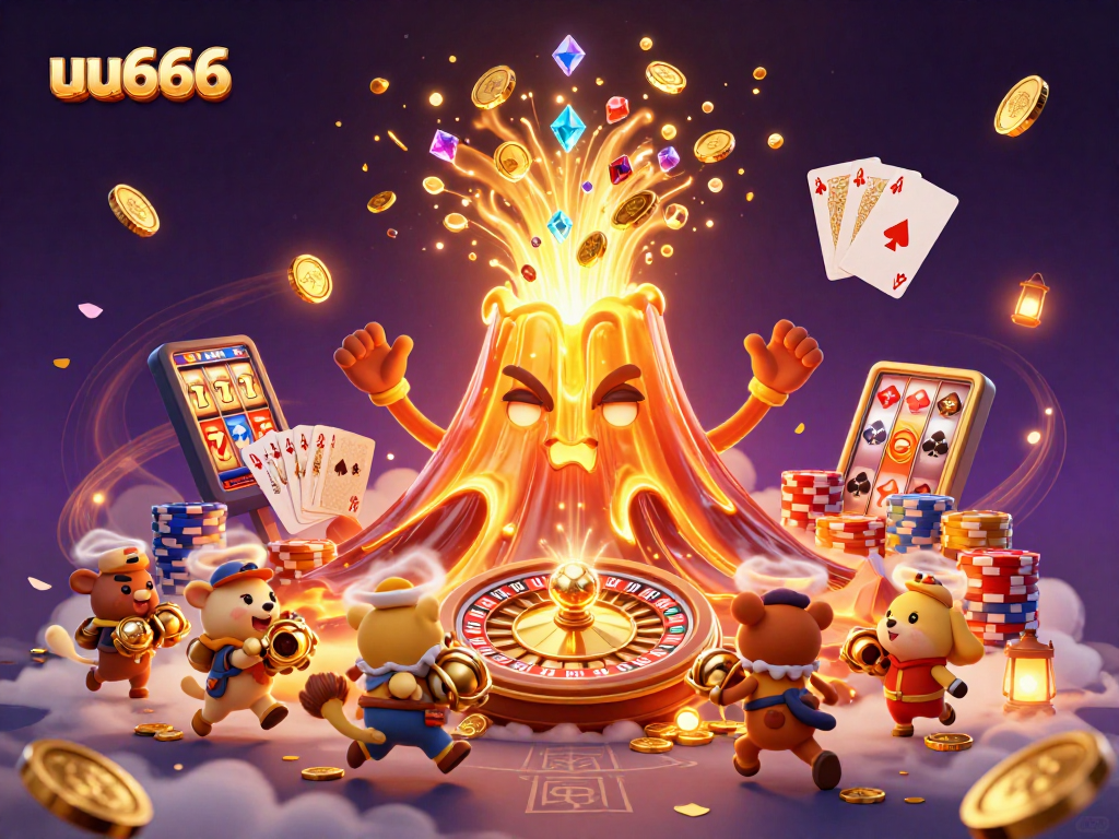 uu666 jackpots erupt with treasure as a triumphant volcano celebrates wins in this vibrant casino scene