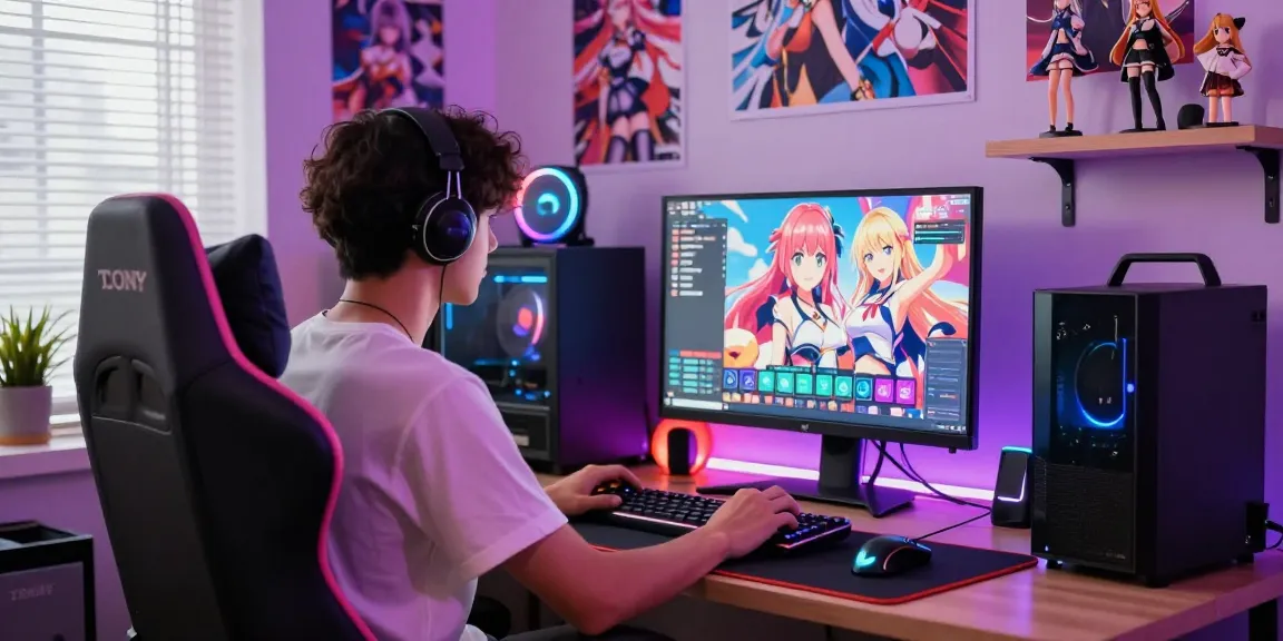 Gamer immersed in an ecchi game surrounded by vibrant decor and gaming gear.