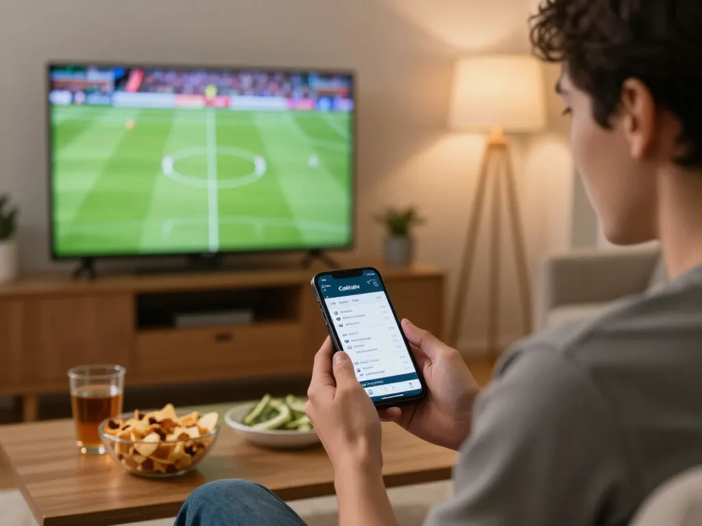 Engaging sports betting moment with person using Cakhiatv mobile app for real-time wagers during a live game.