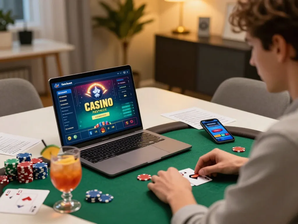 Player engaging in online casino poker at their home desk with 388bet, showcasing game strategies and excitement.