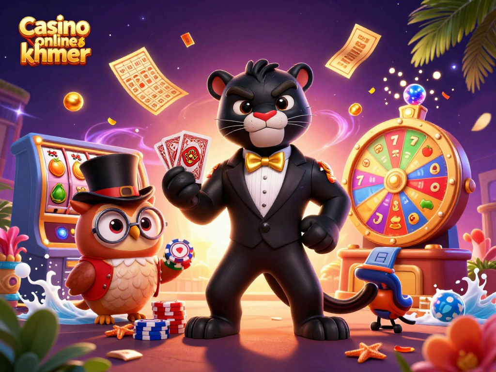 Engaging scene showcasing Casino online khmer with a cartoon black panther and friends amid vibrant casino elements.