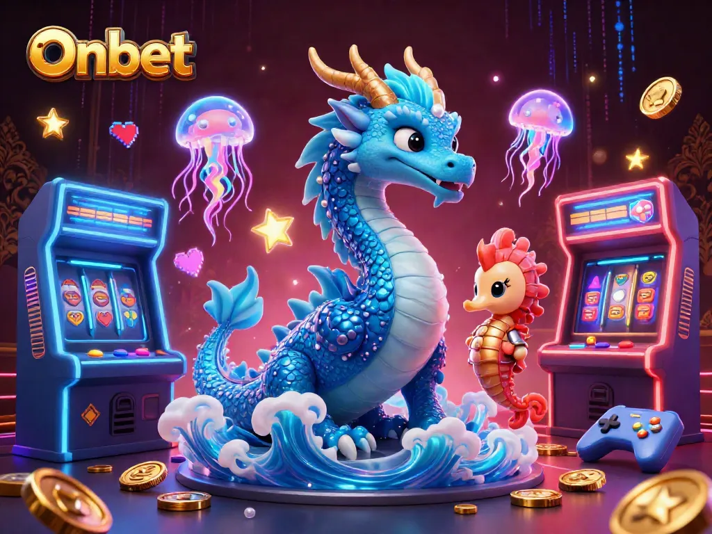 Experience exhilarating wins with Onbet, showcasing a dragon, knight, and neon game elements in a vibrant casino world.
