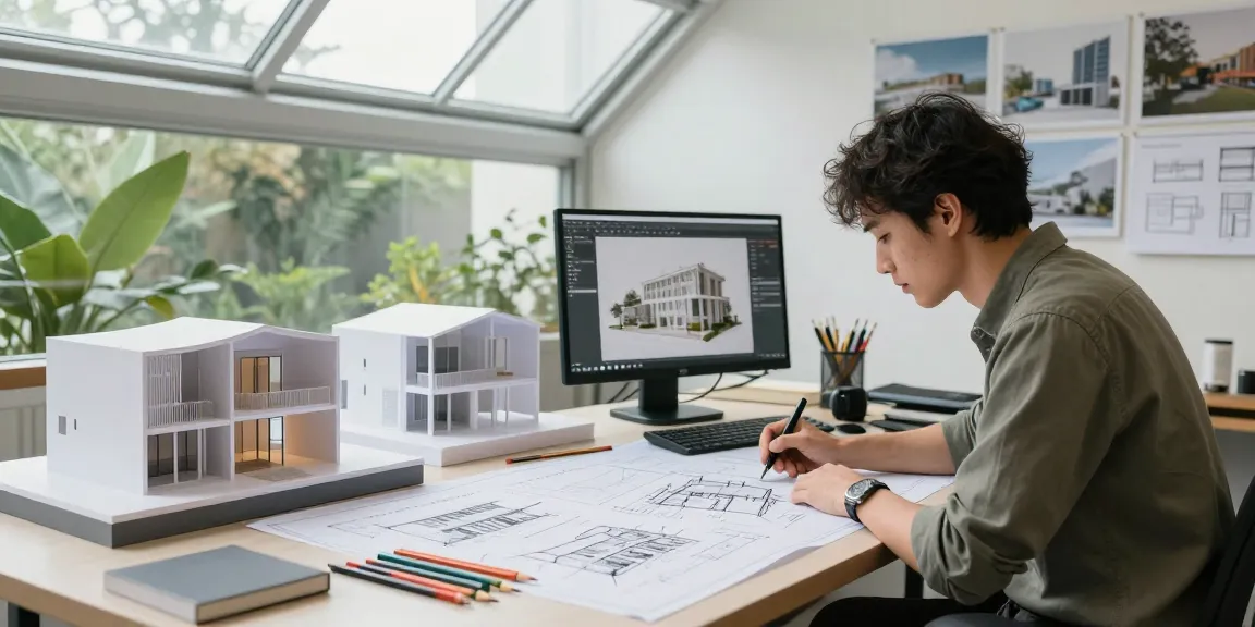 Desainer arsitektur sedang menggambar desain bangunan dengan metode halte4d di studio modern.