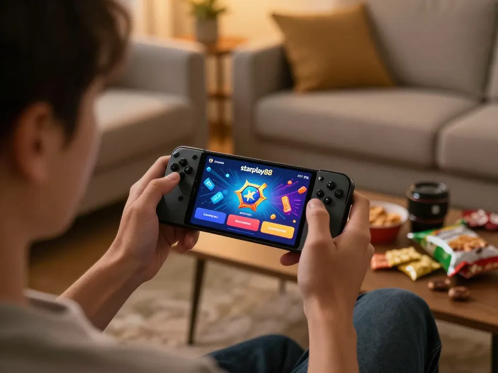 Pemain menikmati permainan mobile di aplikasi starplay88 di rumah dengan suasana yang nyaman dan antarmuka yang menarik.