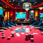 Exciting poker game at a casino table showcasing keonhacai betting strategies and colorful chips.