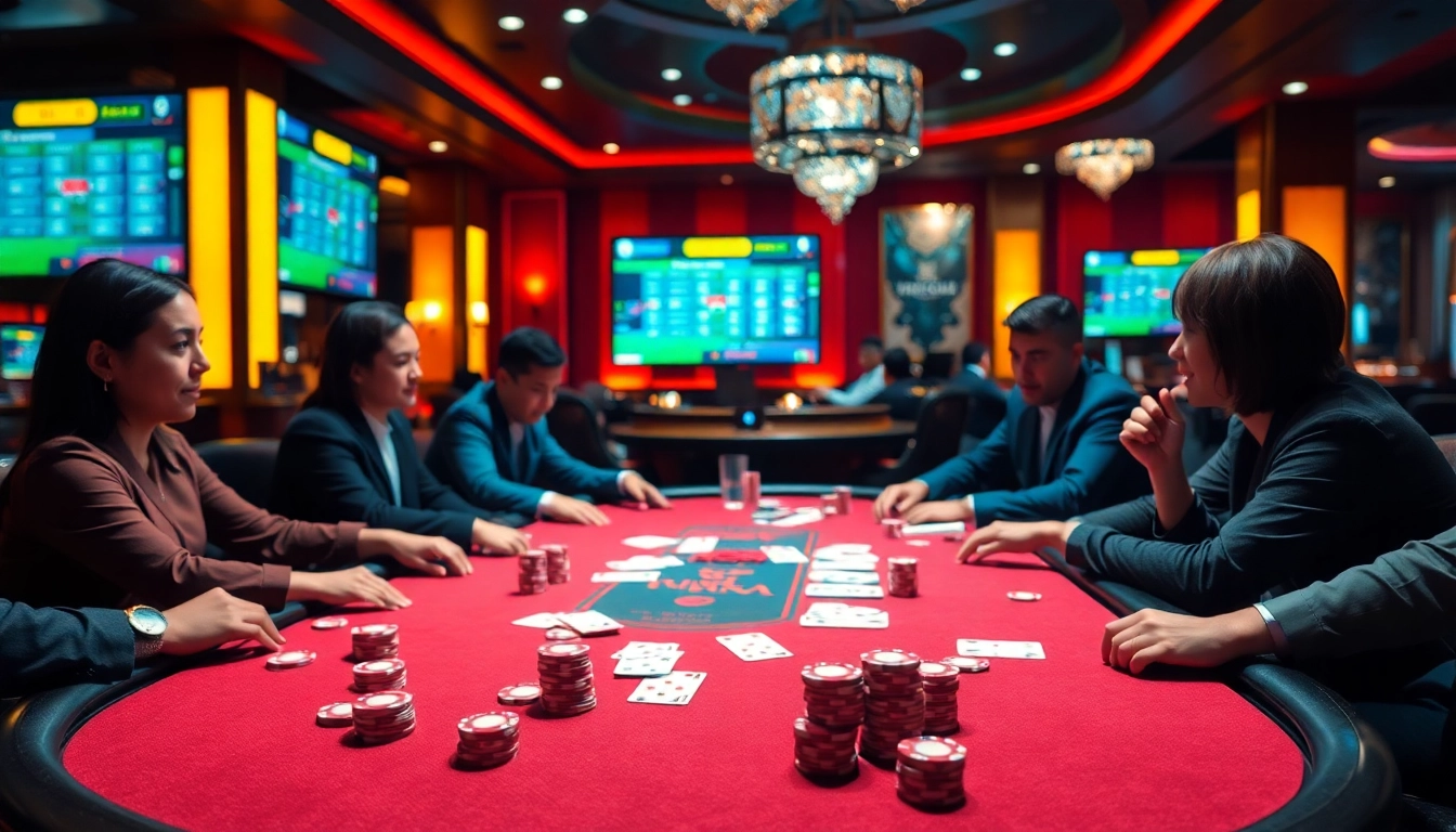 Exciting poker game at a casino table showcasing keonhacai betting strategies and colorful chips.