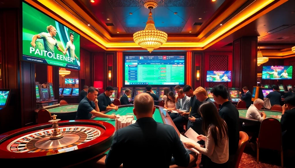 Engage in แทงบอลโลก betting action with vibrant casino atmosphere and live scores display.