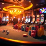 Experience the thrill of link mm88 at a vibrant casino, featuring poker tables and spinning roulette wheels.