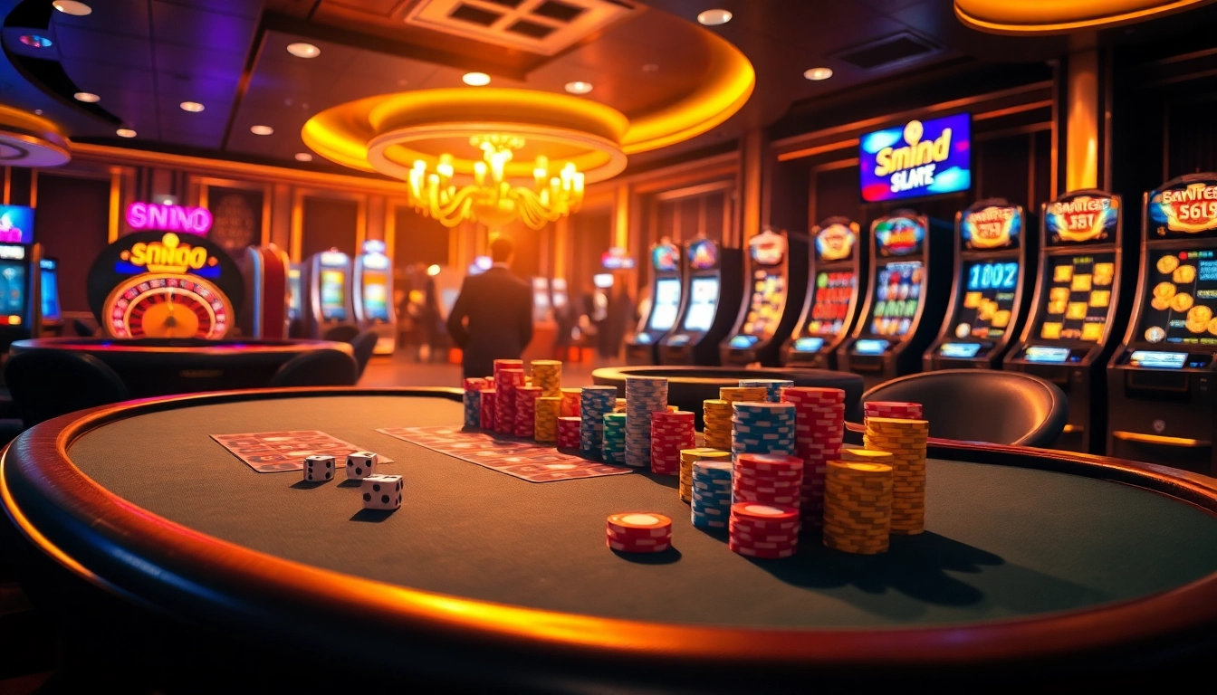 Experience the thrill of link mm88 at a vibrant casino, featuring poker tables and spinning roulette wheels.