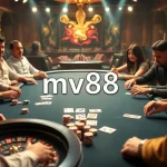 Intense poker game at MV88 casino, filled with vibrant chips and focused players.