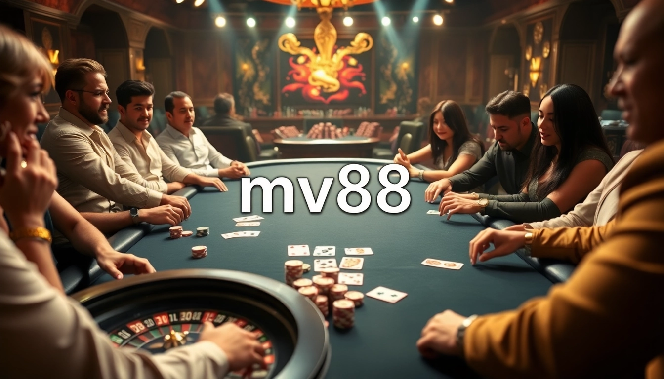 Intense poker game at MV88 casino, filled with vibrant chips and focused players.