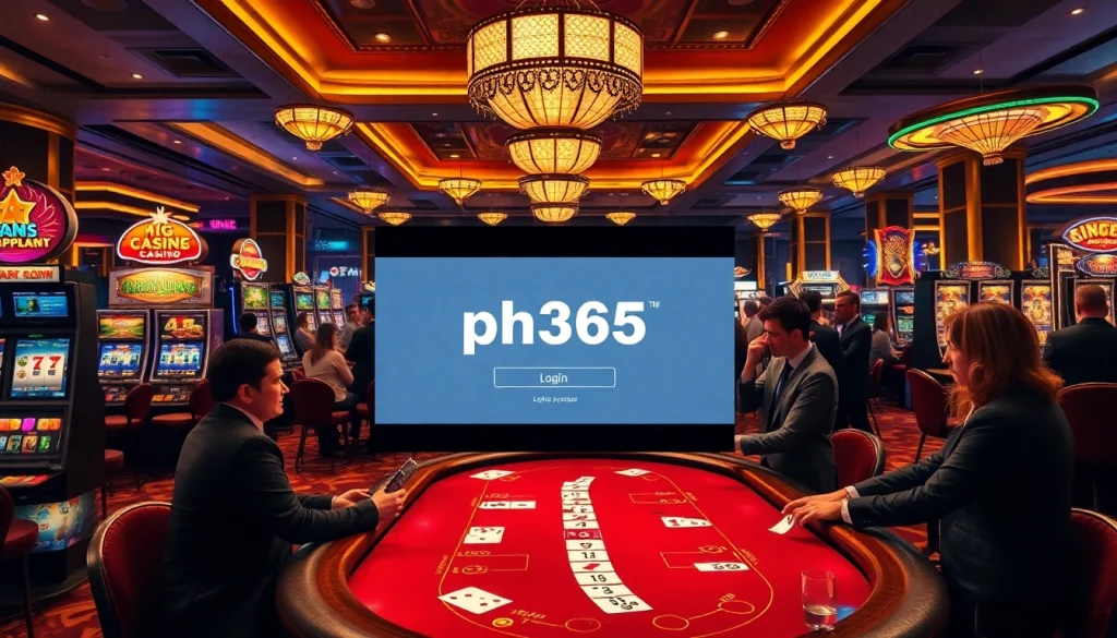 Players engaging with ph365 login at a luxurious casino, surrounded by vibrant slot machines and gaming tables.