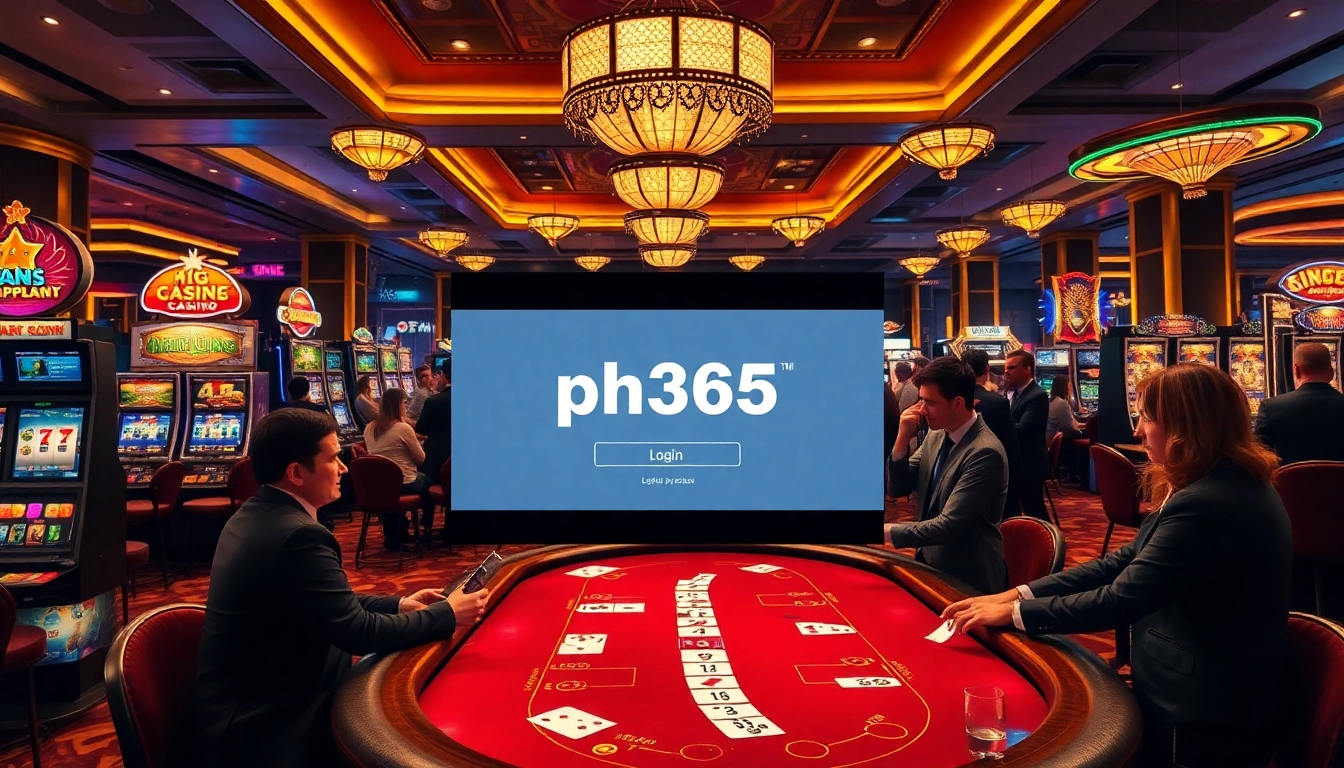 Players engaging with ph365 login at a luxurious casino, surrounded by vibrant slot machines and gaming tables.