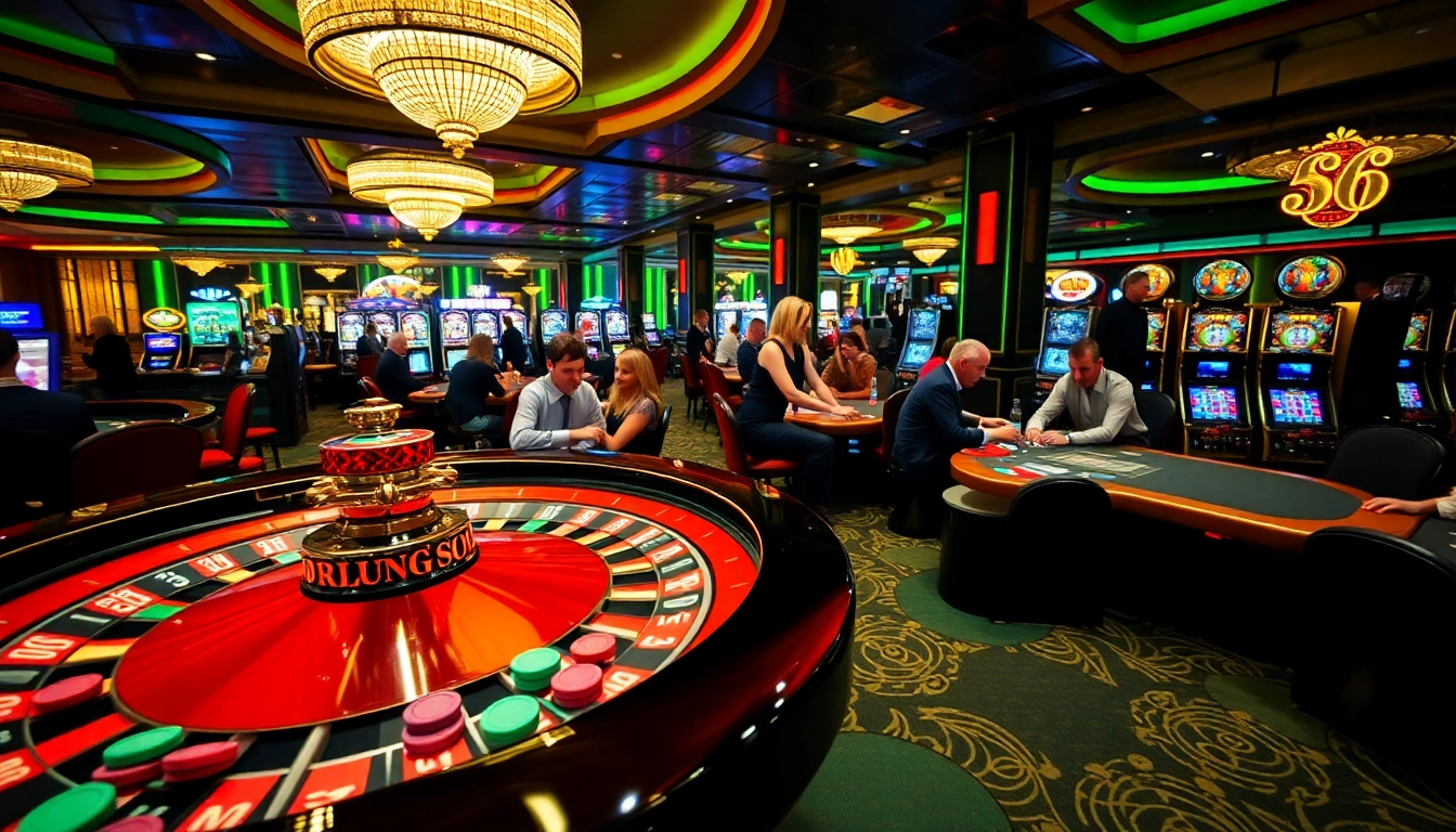 A thrilling scene at SODO CASINO 66 with players enjoying poker, roulette, and slot machines in a vibrant setting.