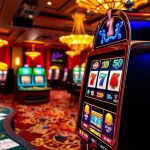 Engage with the thrilling situs judi slot experience as players spin vibrant slot machines in a luxurious casino.