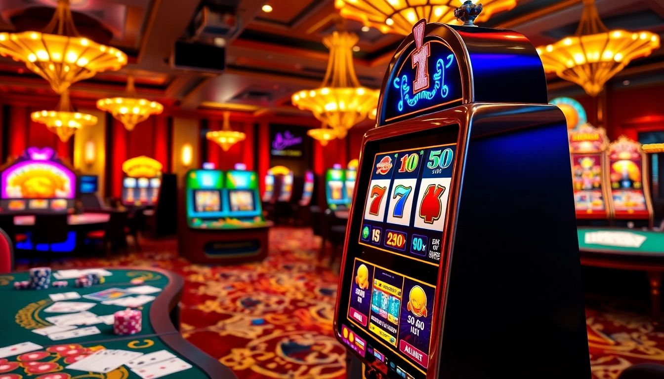Engage with the thrilling situs judi slot experience as players spin vibrant slot machines in a luxurious casino.
