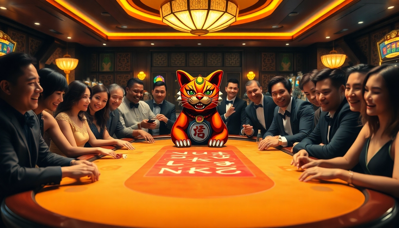 Engaging players at the demo slot Lucky Neko in a vibrant casino setting, showcasing excitement and thrill.