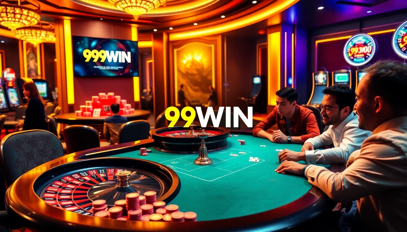 Engaged gamblers enjoying a thrilling game experience at 99WIN casino tables with vibrant atmosphere.
