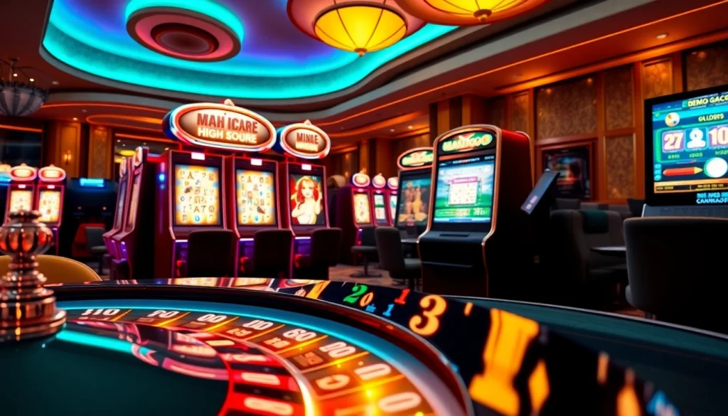 Experience demo gacor with vibrant slot machines and Mahjong gameplay in a luxurious casino.