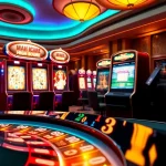 Experience demo gacor with vibrant slot machines and Mahjong gameplay in a luxurious casino.