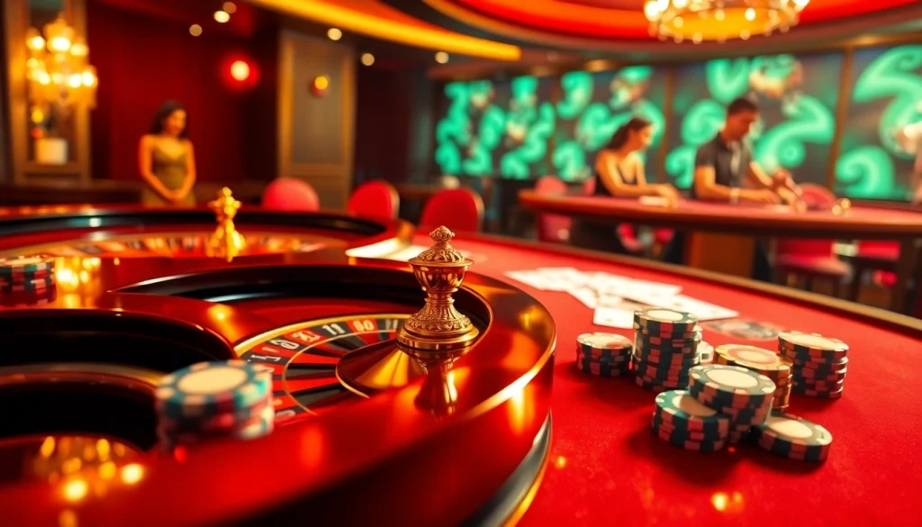 A thrilling gambling scene at Trang chủ WW88 featuring a roulette table and vibrant poker chips, capturing the excitement of online betting.
