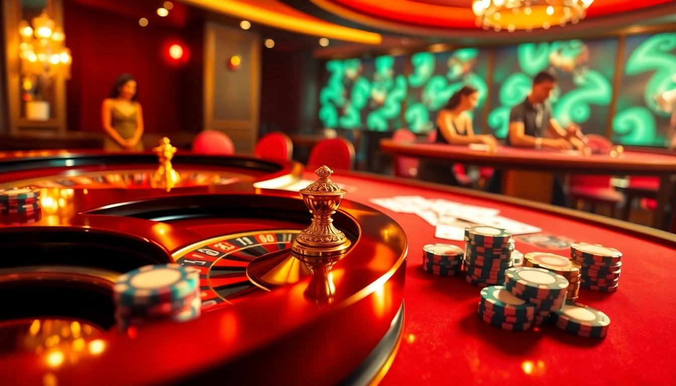A thrilling gambling scene at Trang chủ WW88 featuring a roulette table and vibrant poker chips, capturing the excitement of online betting.