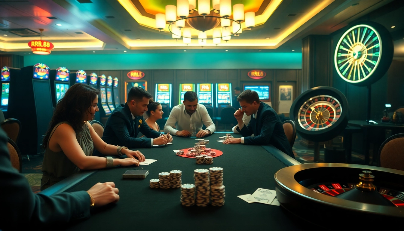 Exciting poker action at RR 88 casino featuring sleek chips and vibrant slot machines.