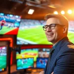Engaging sports broadcasting anchor at a dynamic studio, showcasing Sports Broadcasting excitement.