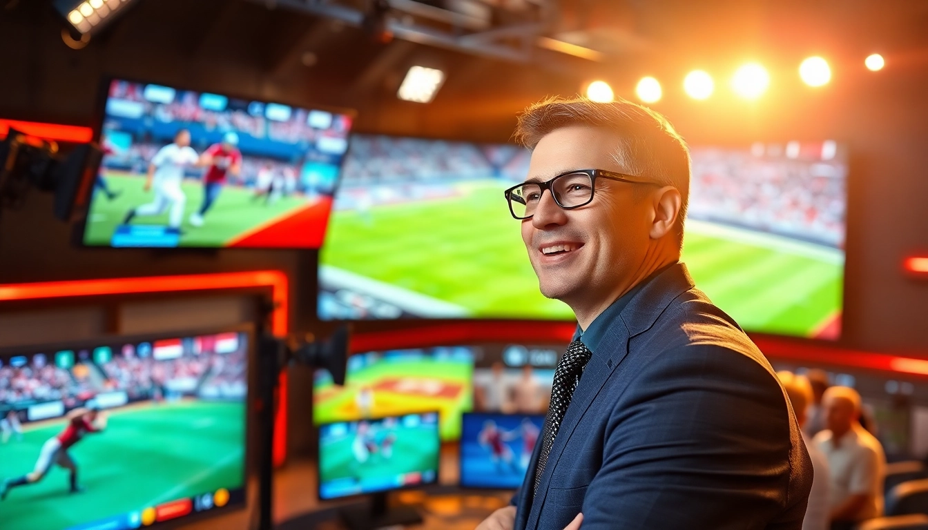 Engaging sports broadcasting anchor at a dynamic studio, showcasing Sports Broadcasting excitement.