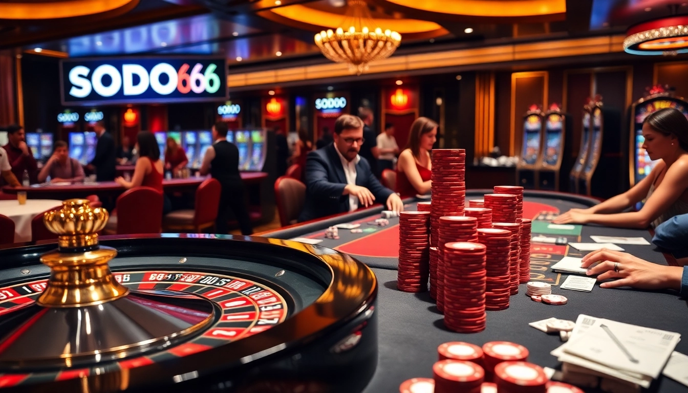 SODO66 casino scene with players enjoying poker and slot machines in a luxurious setting.