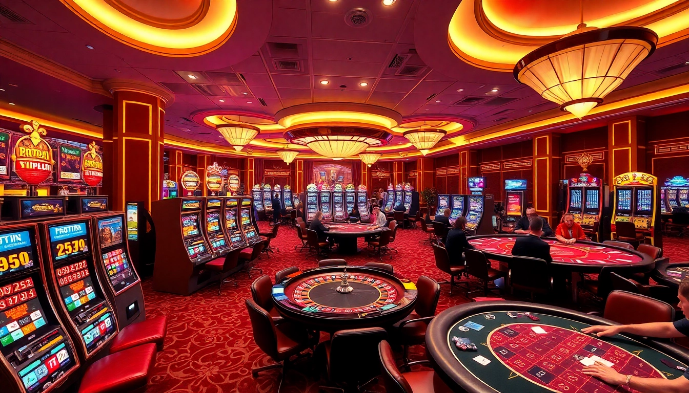 SODO CASINO vibrant gaming floor with luxurious slot machines, roulette, and poker games.