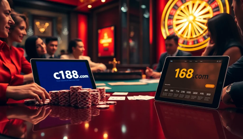 Players engage in an exciting poker game at c168.com casino, showcasing vibrant chips and cards.