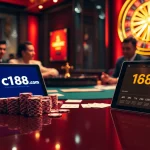 Players engage in an exciting poker game at c168.com casino, showcasing vibrant chips and cards.