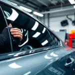 Applying window tint near me at a professional workshop enhances car aesthetics and protection.