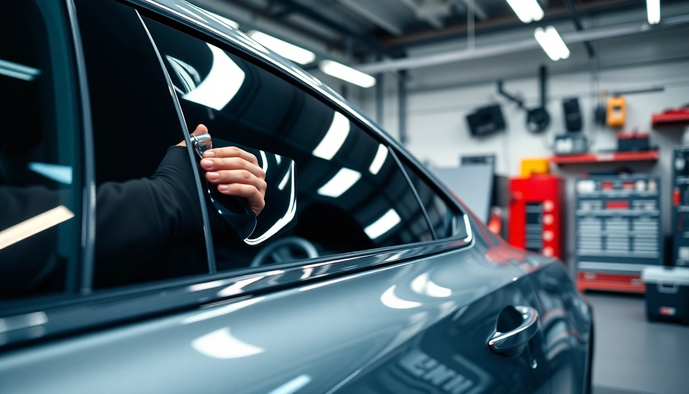 Applying window tint near me at a professional workshop enhances car aesthetics and protection.